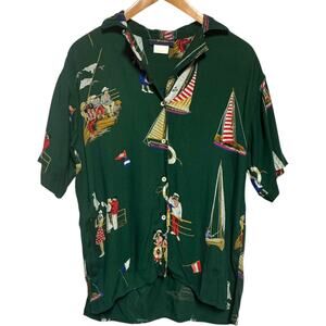 Breeches Made in USA Short Sleeve Button Up Blouse Top Green Sailboats 8